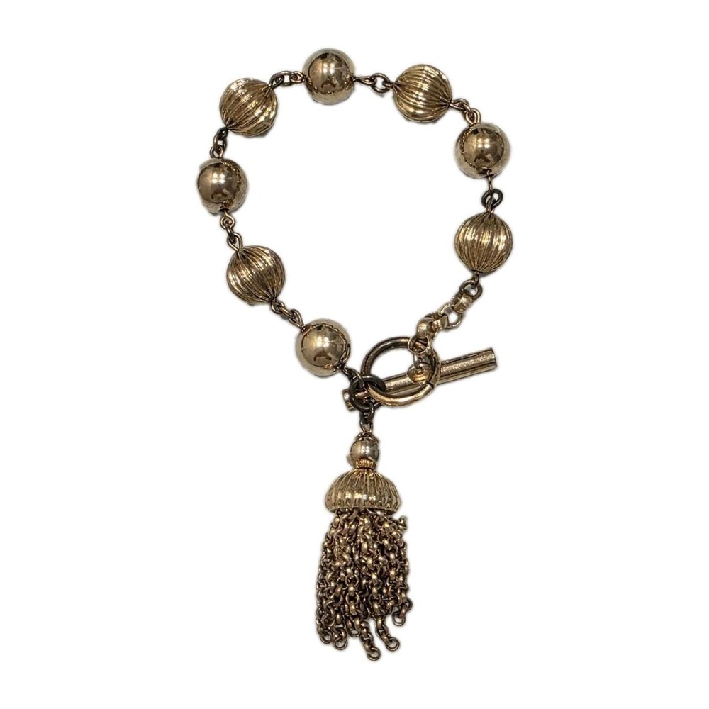 Vintage Crown Trifari Gold Tone Bead Tassel Toggle Bracelet 1950s Mid Century